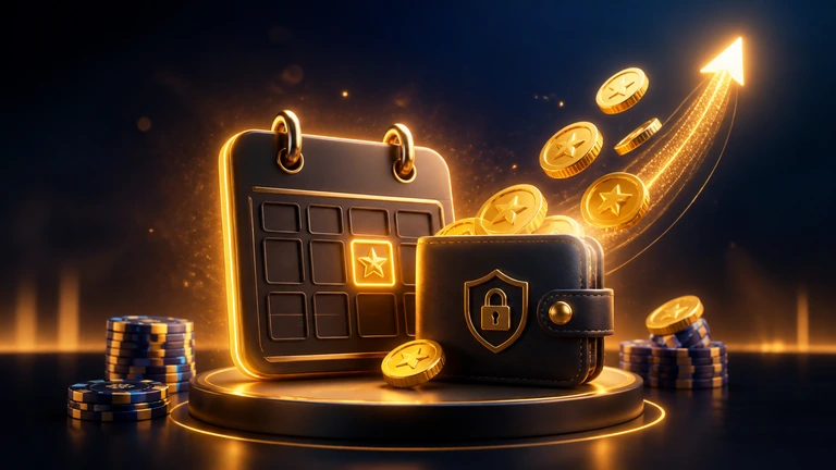 Daily deposit bonus with calendar, secure wallet and gold rewards